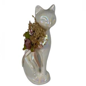VTG white pearl iridescent ceramic Siamese cat figurine 1980s kitschy collectibl